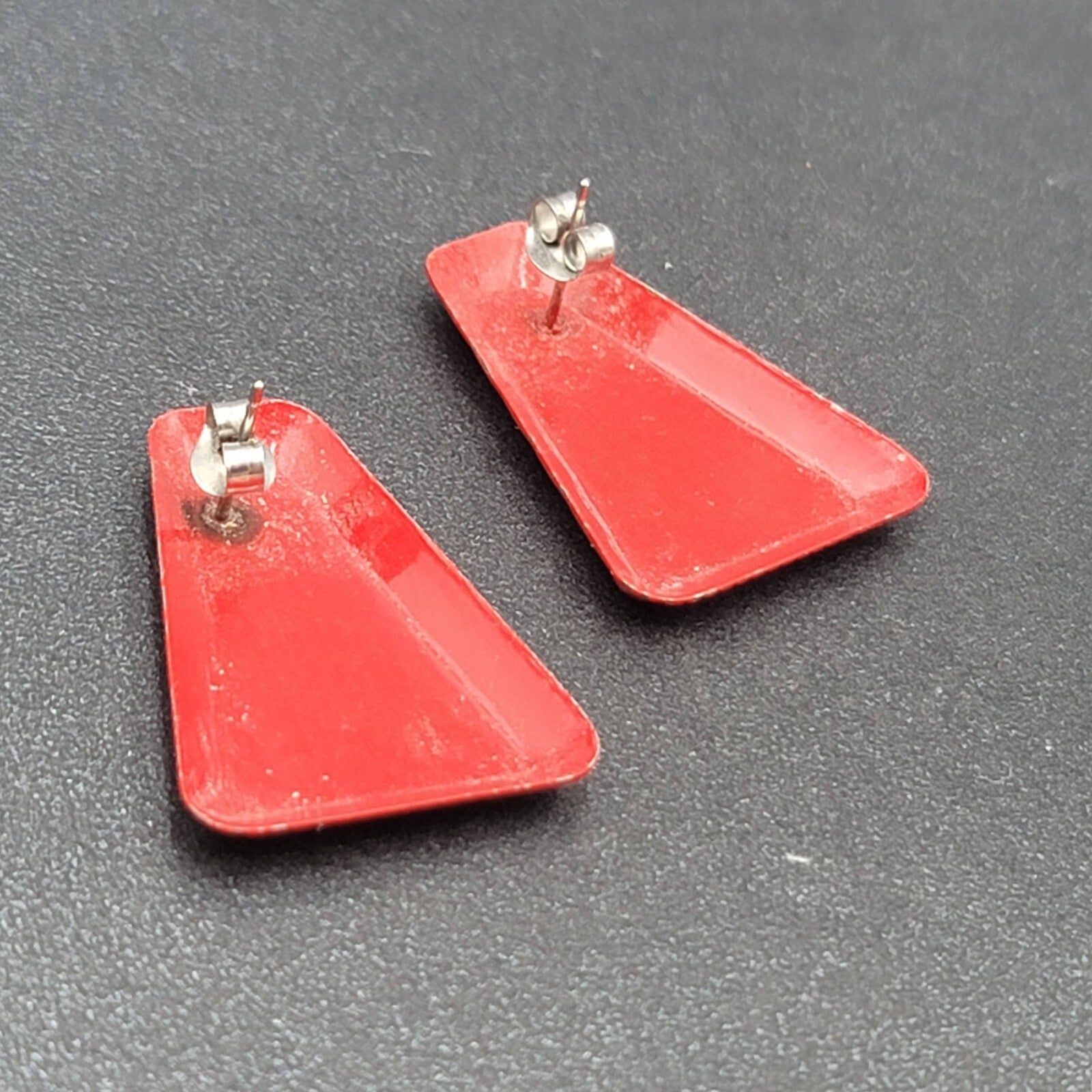 Vintage Pierced Earrings Red Enamel Drop 1.25"