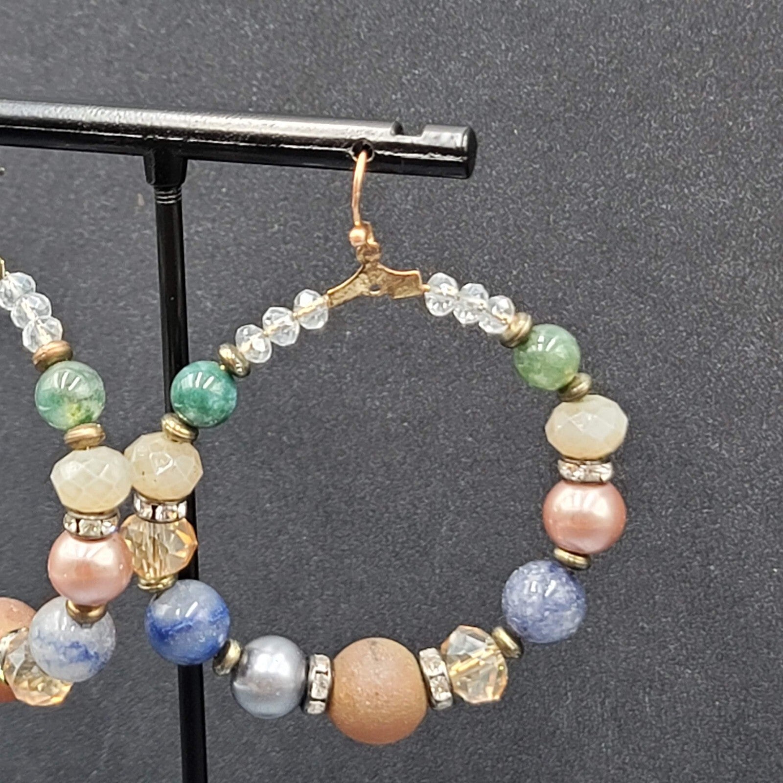 Pierced Earrings Multicolor Stones and Beads Large Hoops 2"