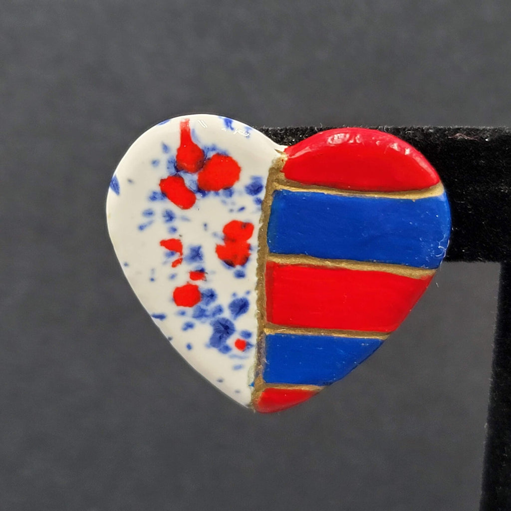 Vtg Heart Pierced Earrings Ceramic Hand Painted Patriotic Red White Blue 1.25"