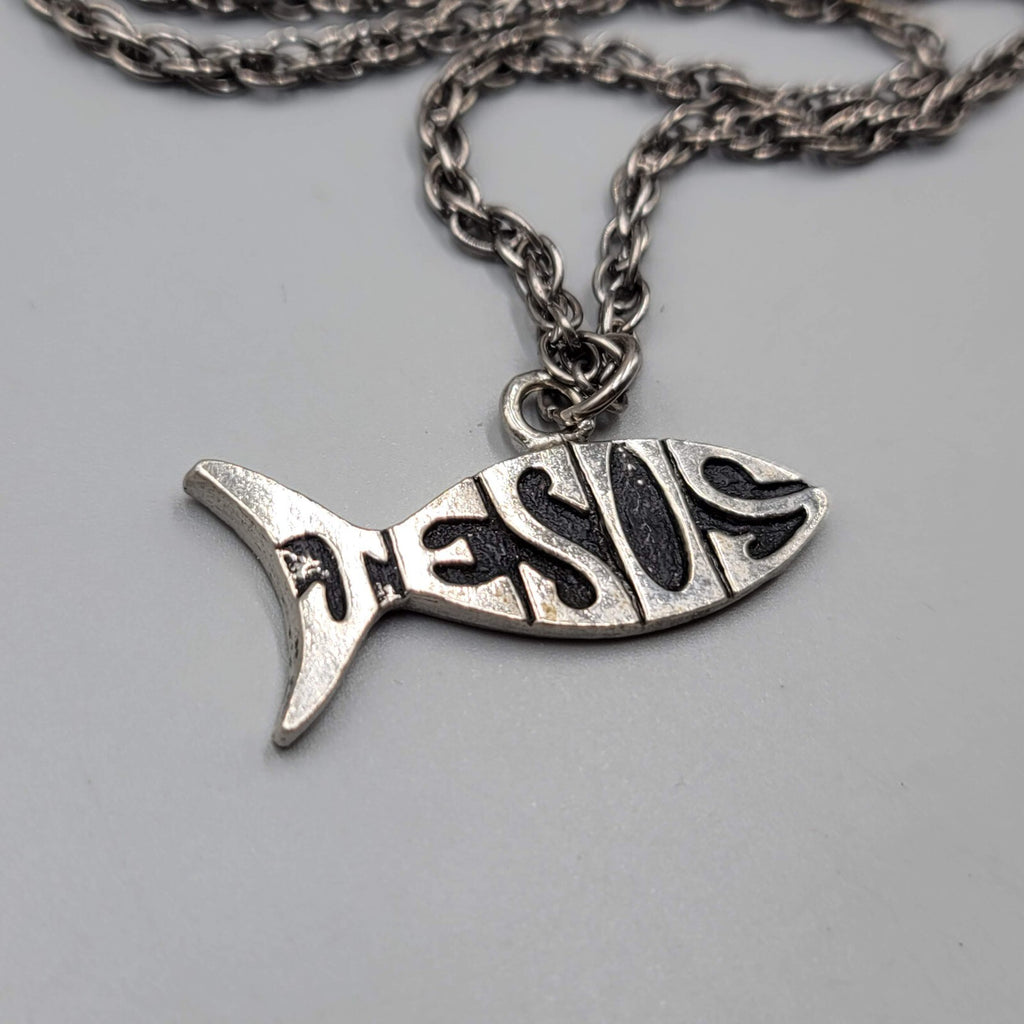 Vintage Jesus Necklace Silver tone Fish Shape Pendant 25" Estate Costume