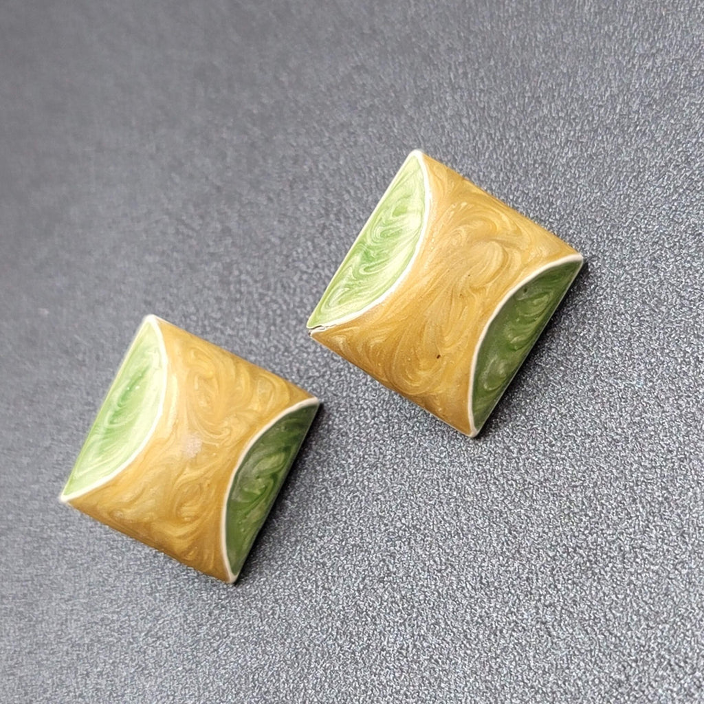Vintage Clip on Earrings Green Yellow White Enamel Squares 7/8"