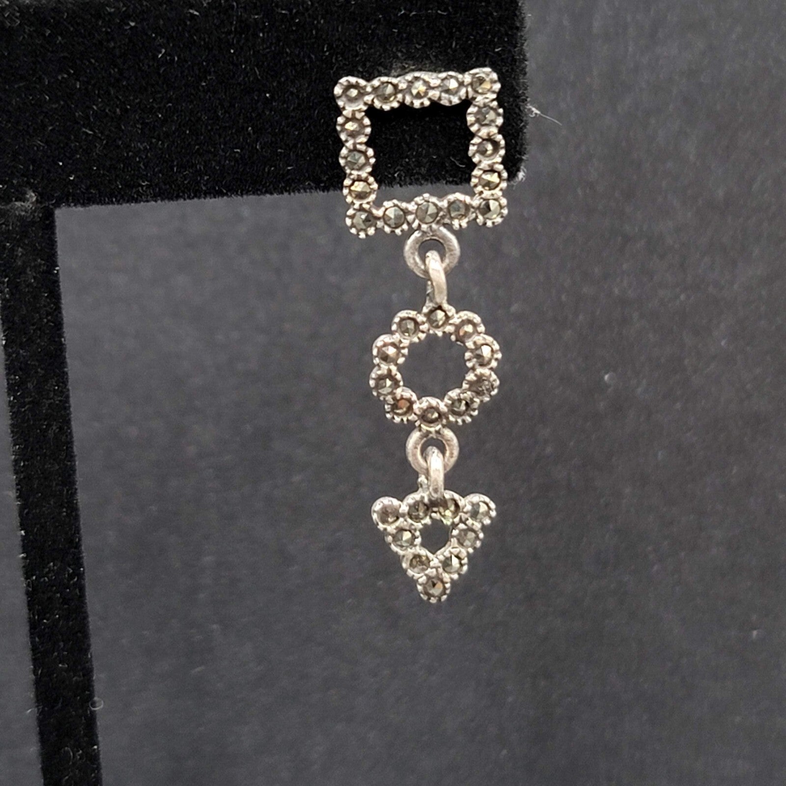 Sterling Silver Pierced Earrings Marcasite Geometric Dangle 1 3/8"