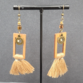 Tassel Pierced Earrings Bronze tone Wood Rectangle Dangle 2.5"