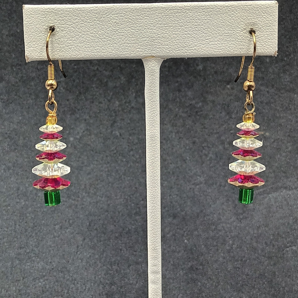 Pierced Earrings Red White Crystal Bead Christmas Tree Statement Dangle 1"