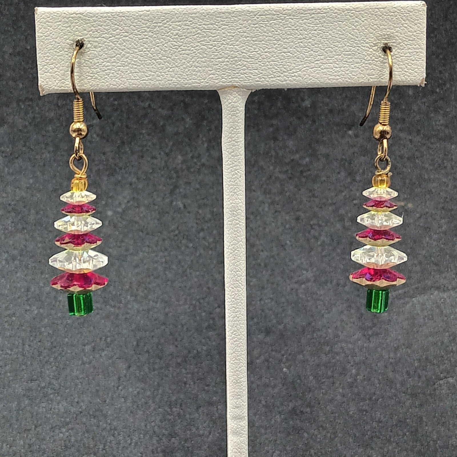 Pierced Earrings Red White Crystal Bead Christmas Tree Statement Dangle 1"