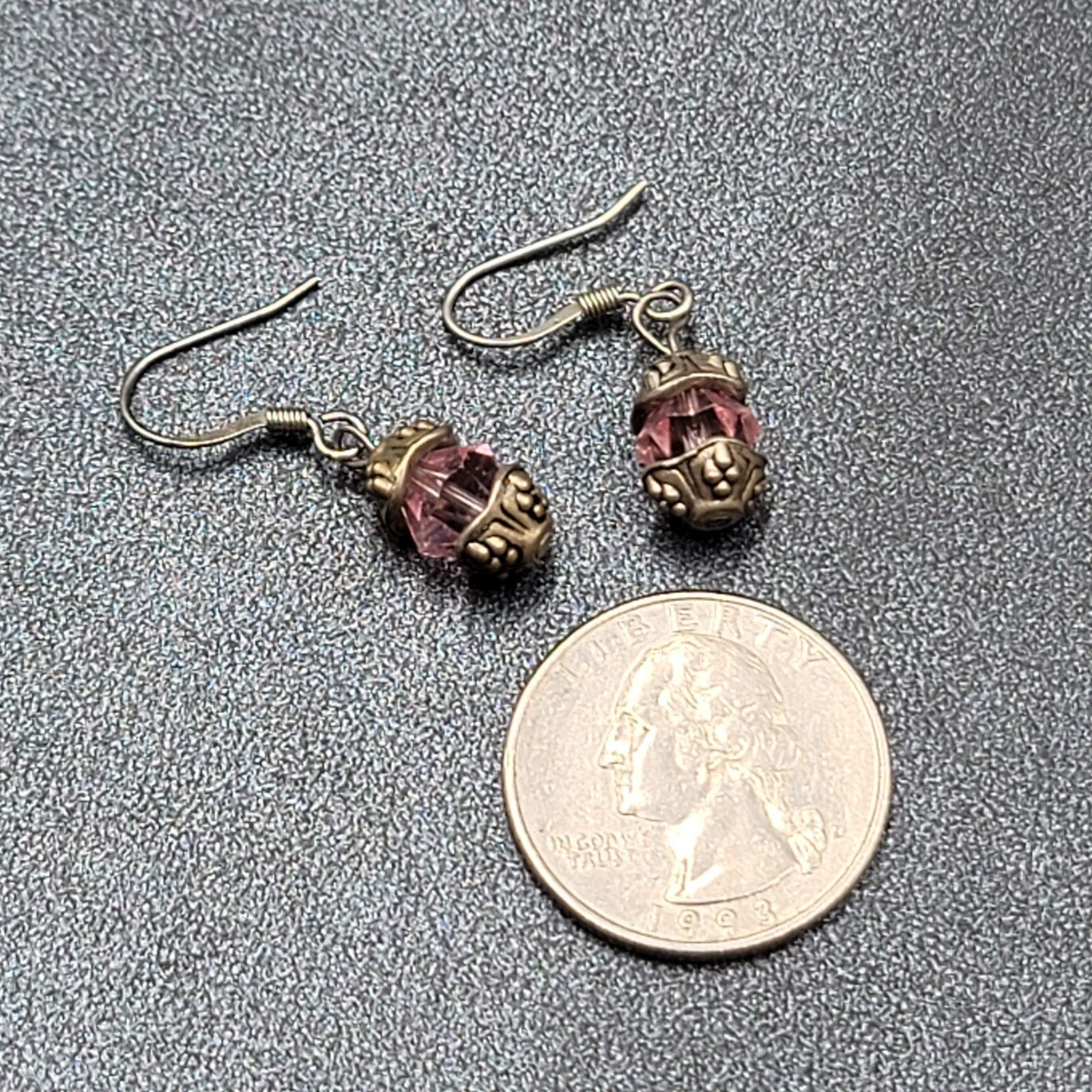 Pierced Earrings Silver tone Pink Crystal Bead Dangle 5/8"