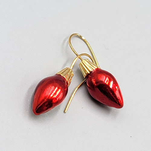 Christmas Bulb Pierced Earrings Gold Plated Red Enamel 3/4"