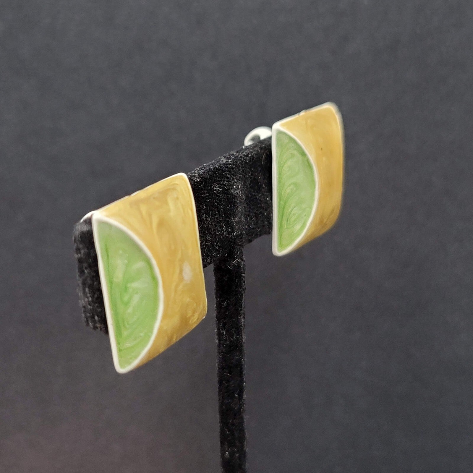 Vintage Clip on Earrings Green Yellow White Enamel Squares 7/8"