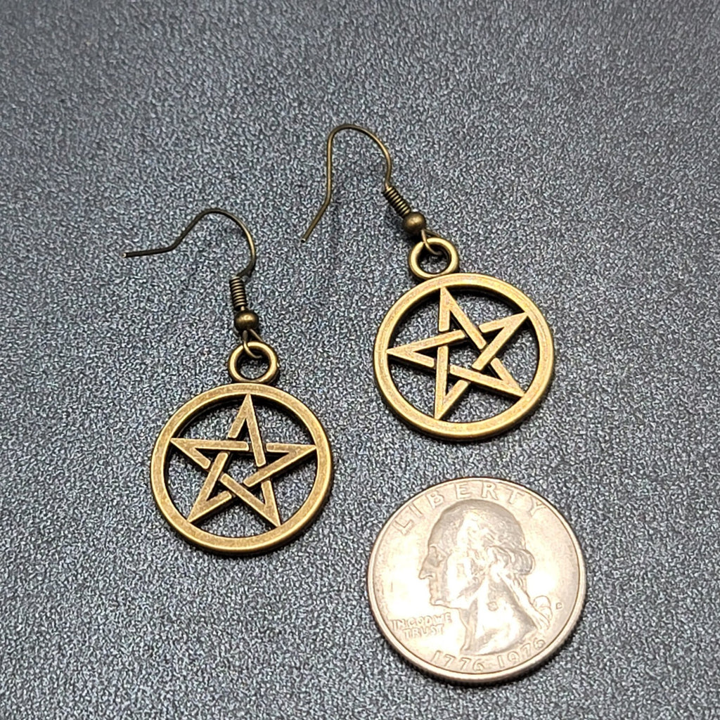 New Pentagram Pierced Earrings Pentacle Star Bronze tone Dangle 1"