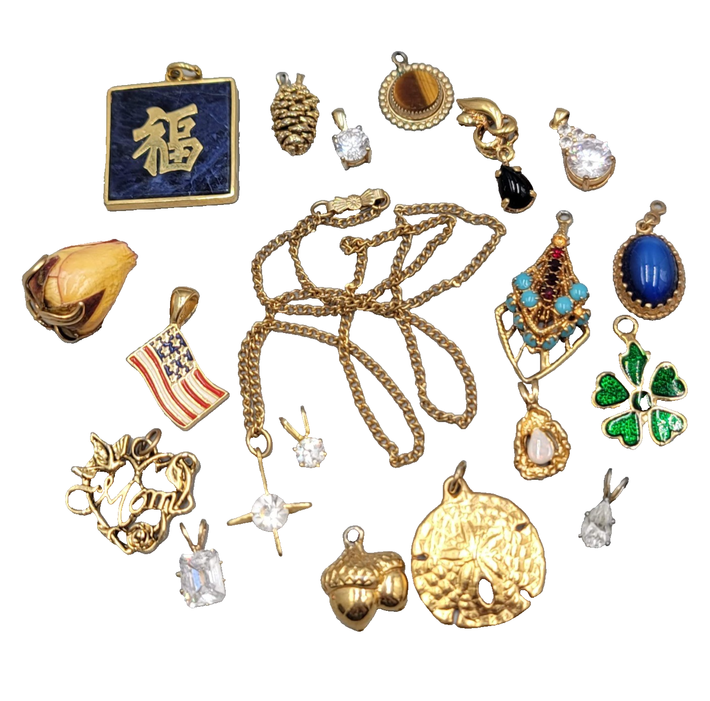 All Gold tone Pendant Lot of 19 Rose Flag Cubic Zirconia & More