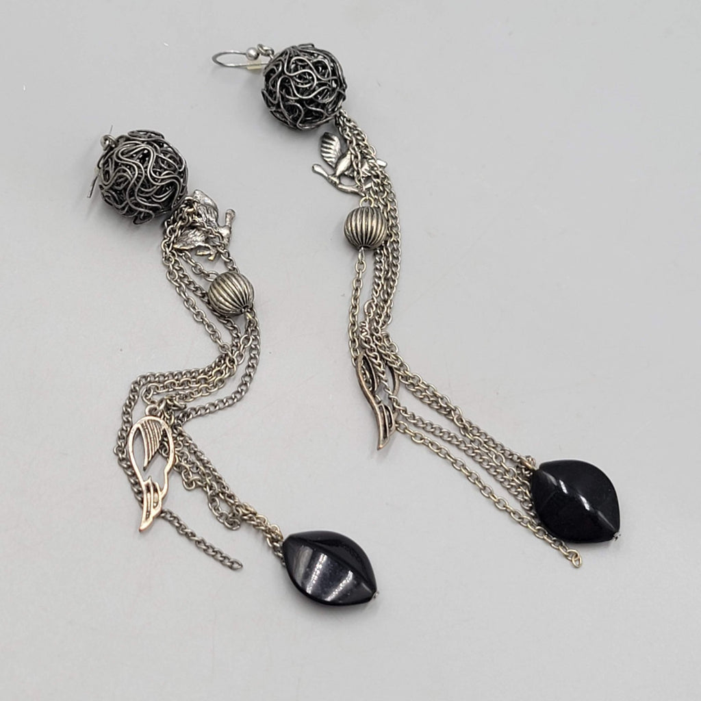Extra Long Pierced Earrings Dark Gray Metal Bead Charms Dangle Chains 6.5 in