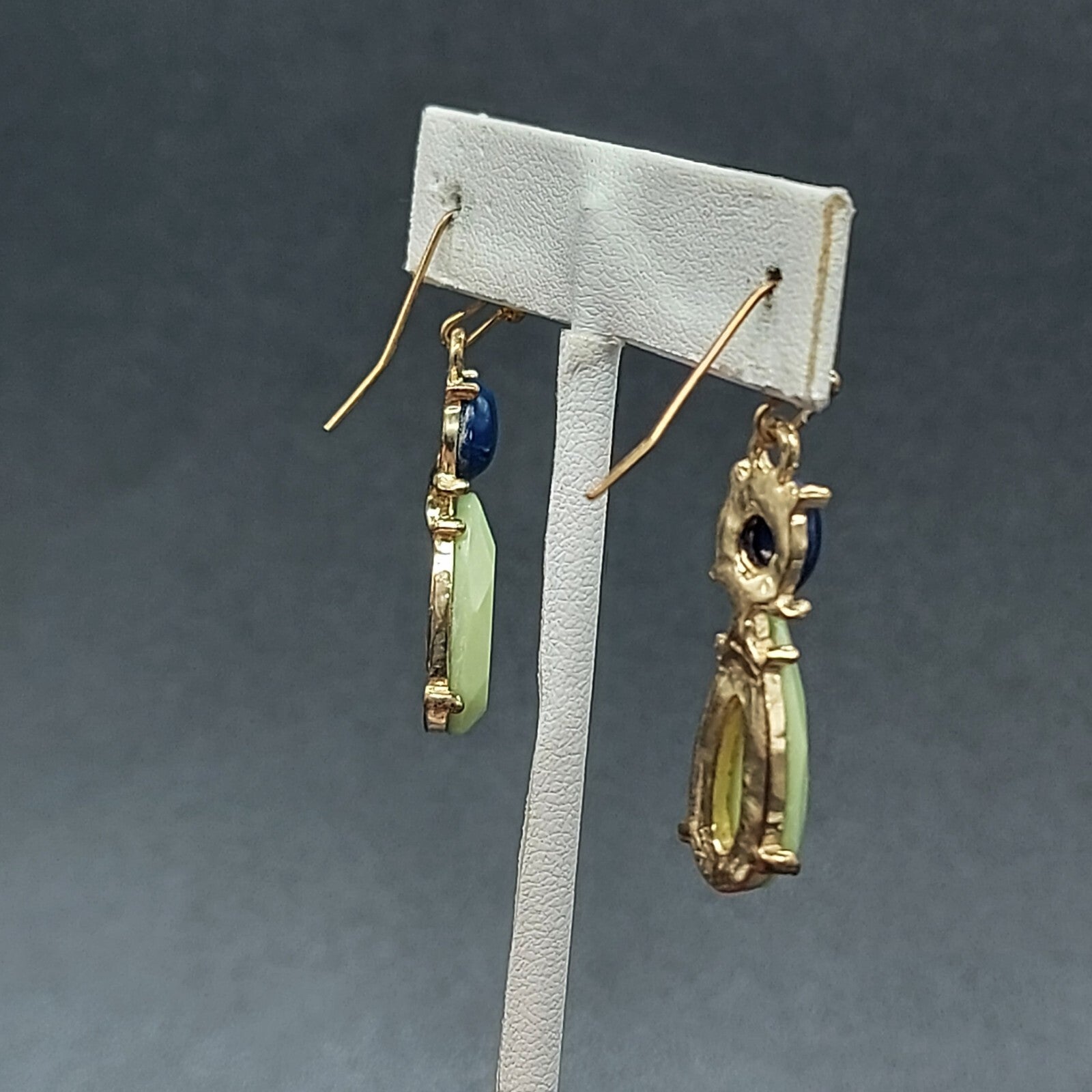 Pierced Earrings Gold tone Blue Green Acrylic Dangle 1 1/4"
