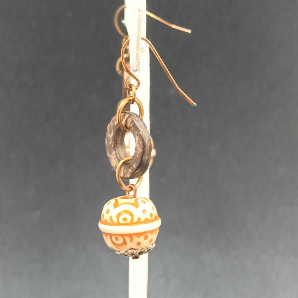 Pierced Earrings Carved Coconut Shell Copper tone Hook Statement Dangle 1 3/8"