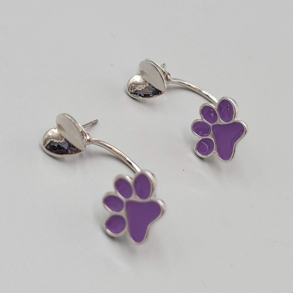 Pierced Earrings Purple Enamel Paw Drop Jacket Silver tone 1.25"
