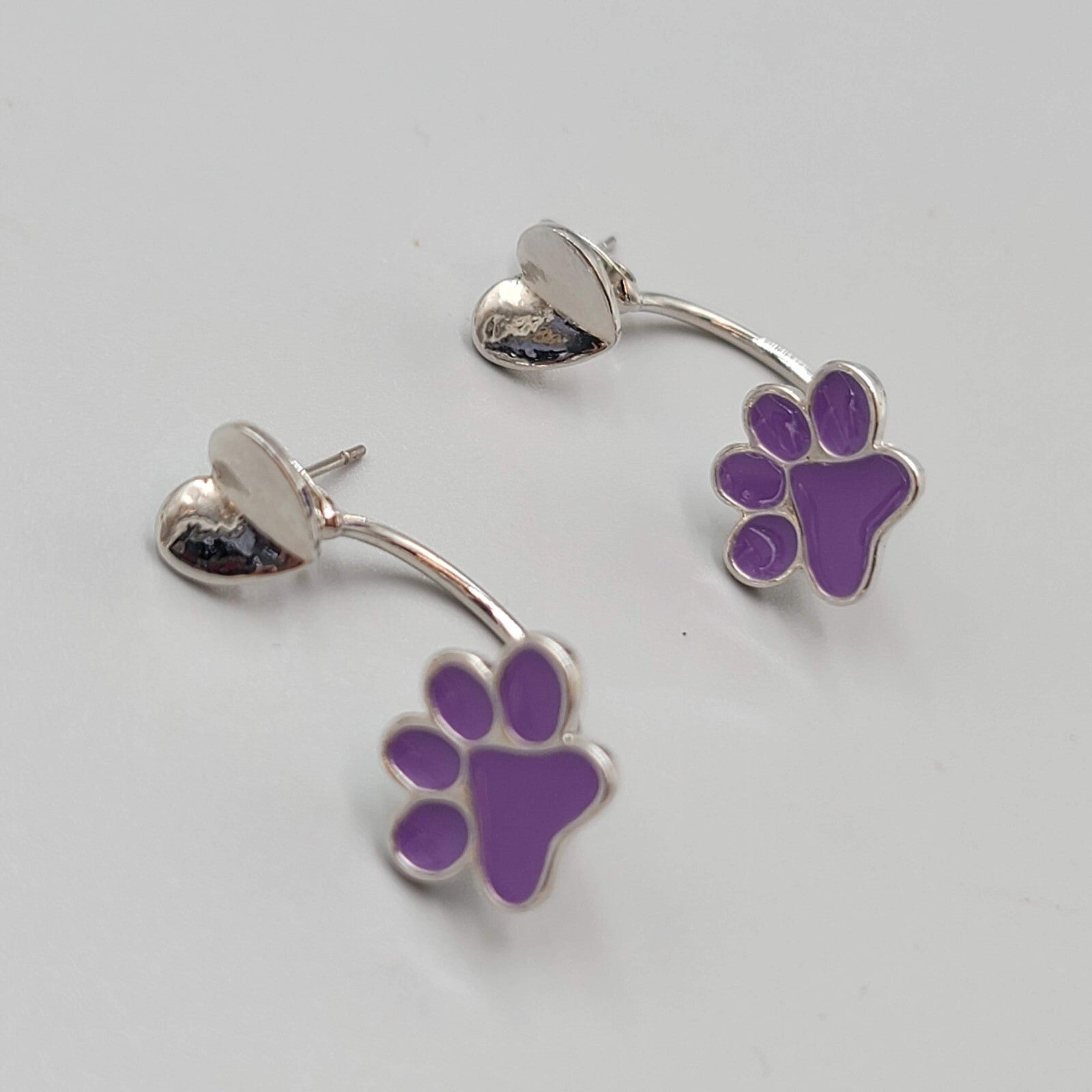 Pierced Earrings Purple Enamel Paw Drop Jacket Silver tone 1.25"