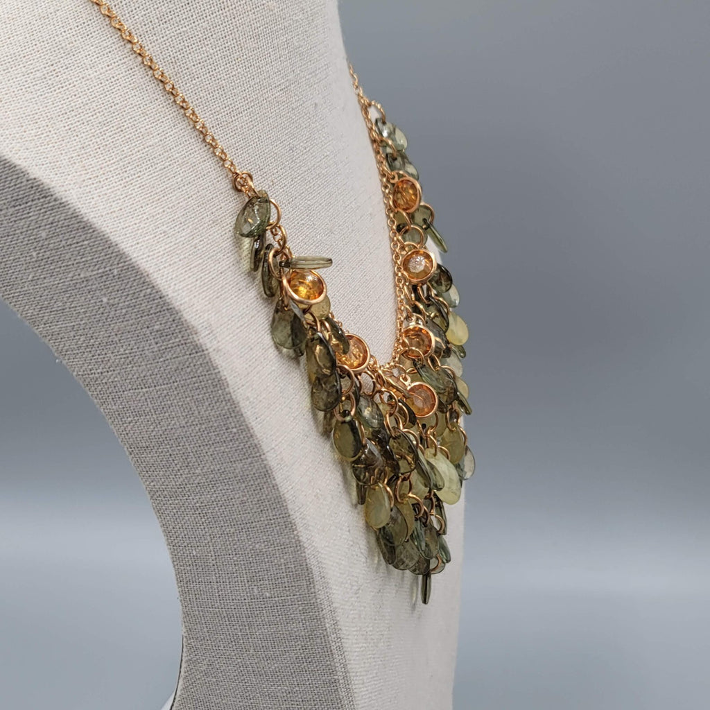 Water Fall Bead Necklace Green Orange Acrylic Beads Gold tone 16"-19"