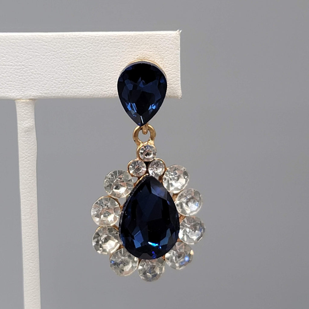 Blue Teardrop Glass Pierced Earrings Gold tone Dangle 2"