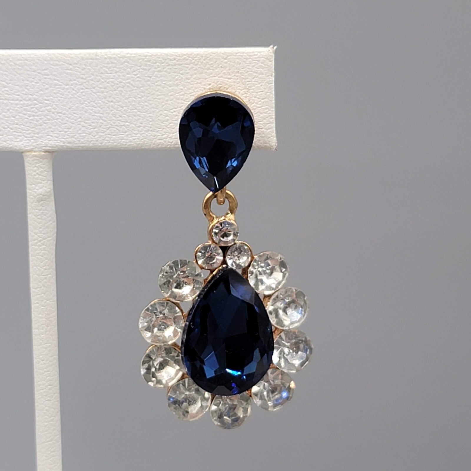 Blue Teardrop Glass Pierced Earrings Gold tone Dangle 2"