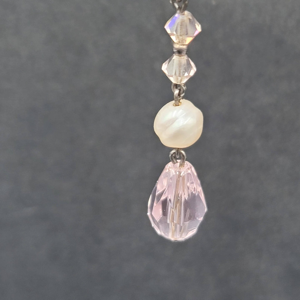 Pierced Earrings Silver tone Pink Crystal Teardrop Bead Pearl Bead 1 3/8"