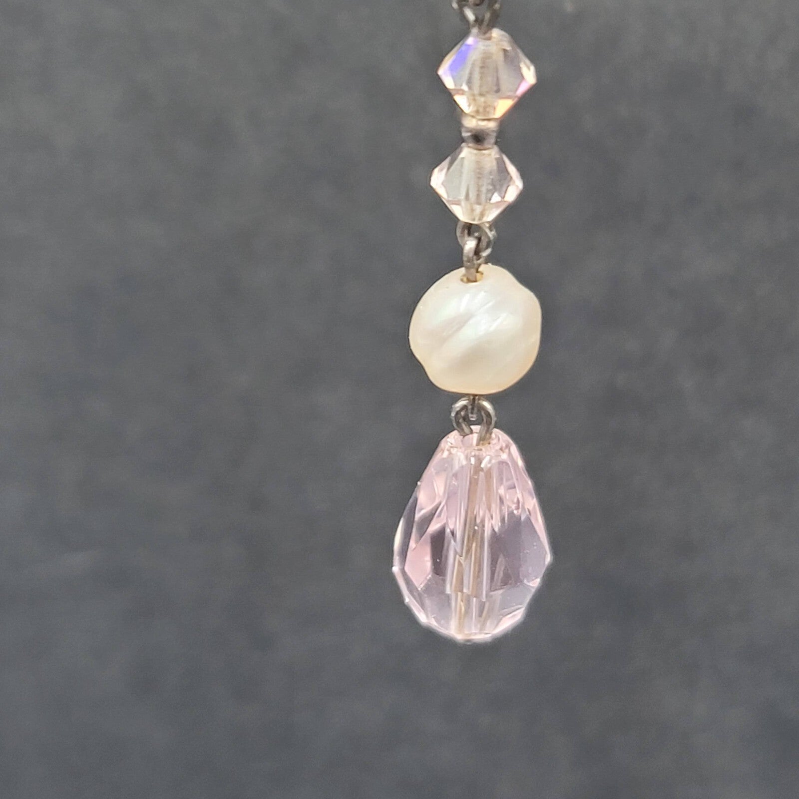 Pierced Earrings Silver tone Pink Crystal Teardrop Bead Pearl Bead 1 3/8"