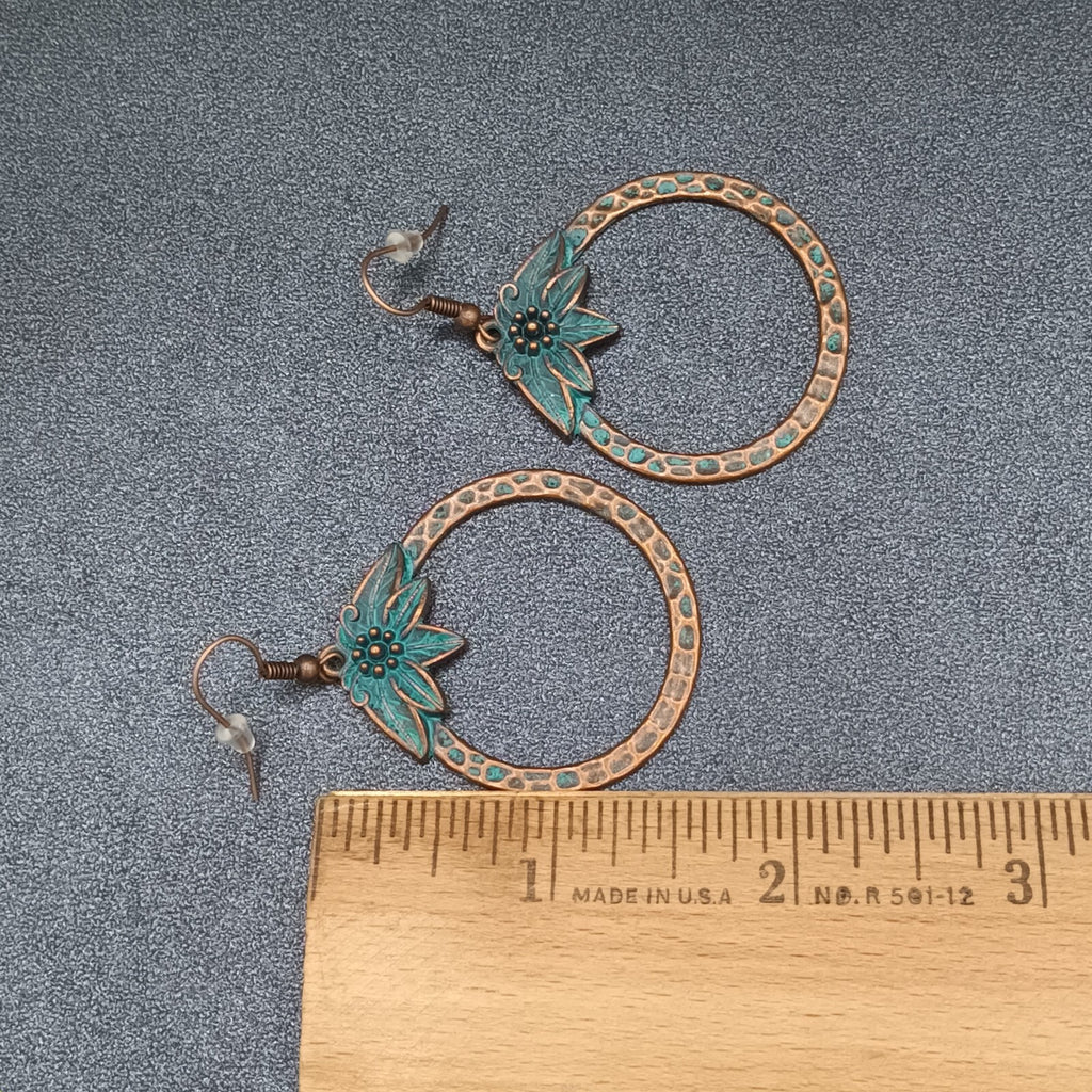 Pierced Earrings Copper tone Green Enamel Flower Open Disc Dangle Boho 1 5/8"