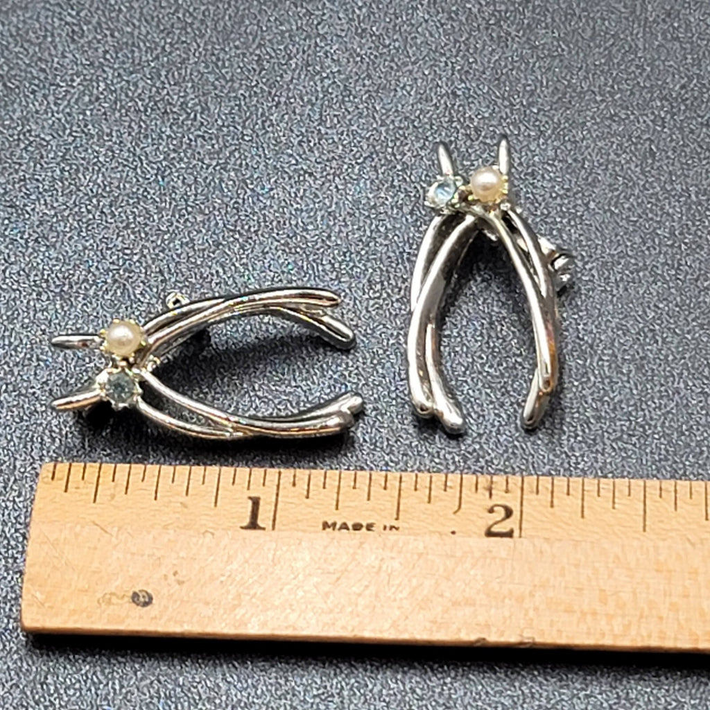 Vintage Double Lucky Wishbone Blue Rhinestone Pearl Brooch Lot Silver tone 1.25"
