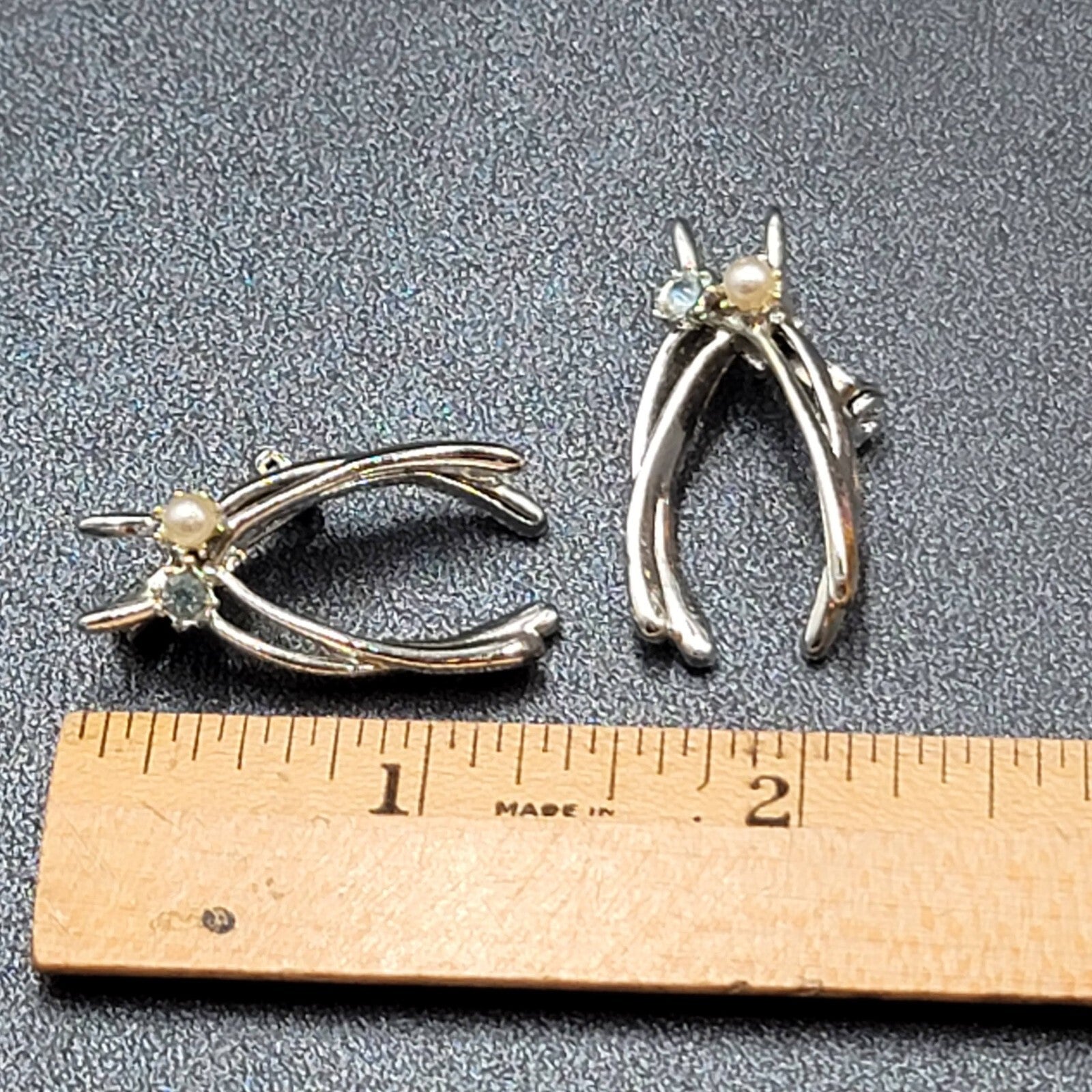 Vintage Double Lucky Wishbone Blue Rhinestone Pearl Brooch Lot Silver tone 1.25"