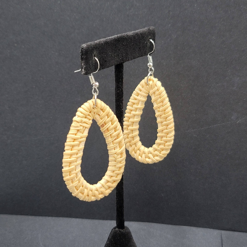 Pierced Earrings Rattan Open Teardrop Dangle Silver tone Hook 2.25"