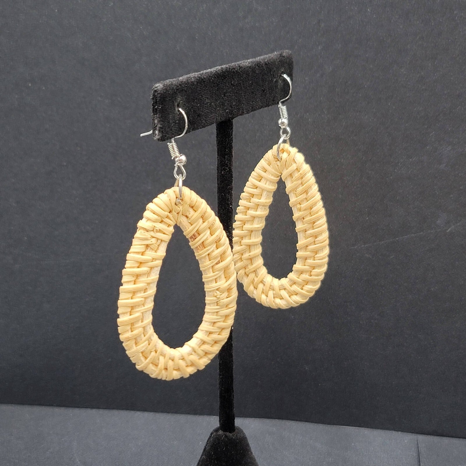 Pierced Earrings Rattan Open Teardrop Dangle Silver tone Hook 2.25"