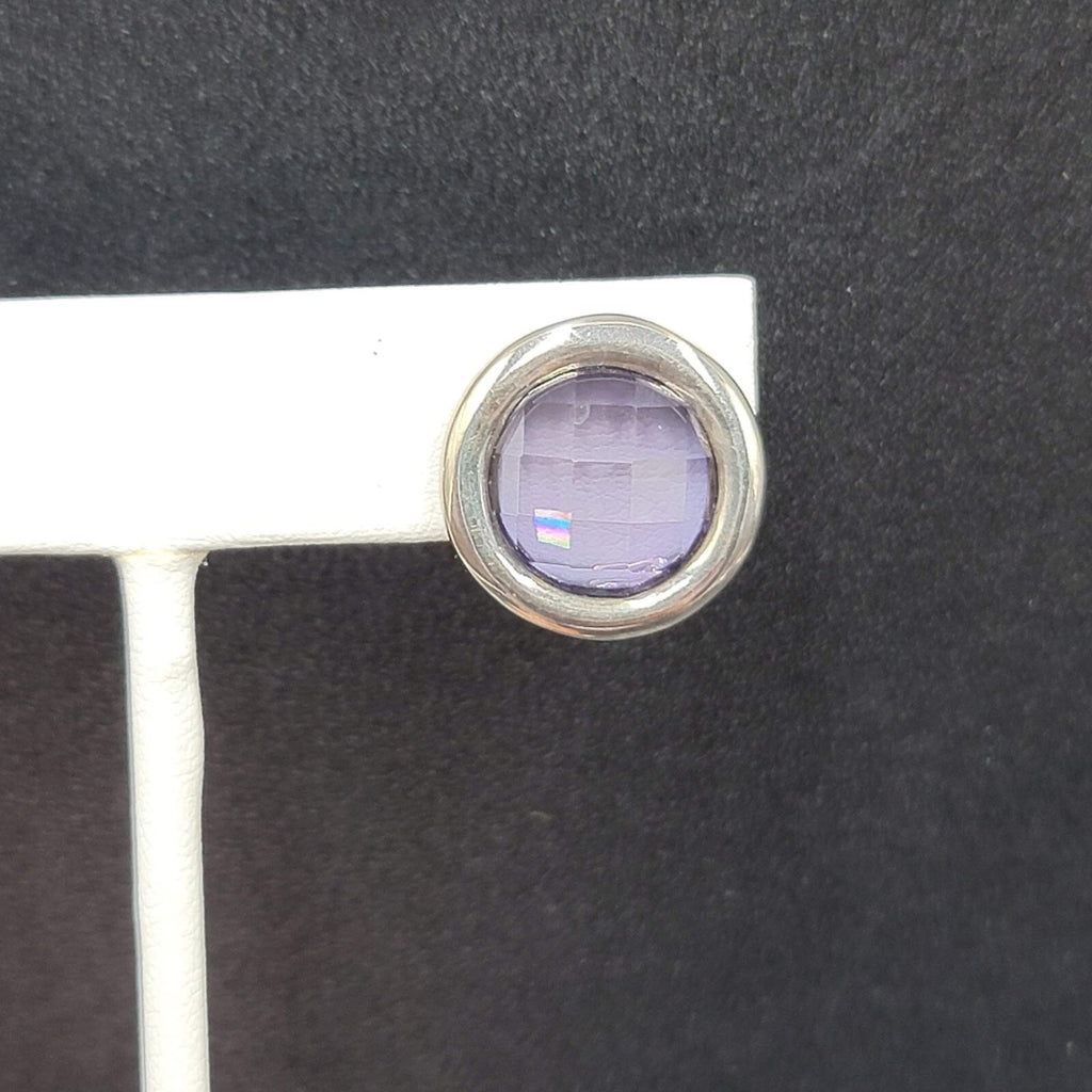 Clip on Earrings Silver tone Purple Faceted Round Stud 5/8"