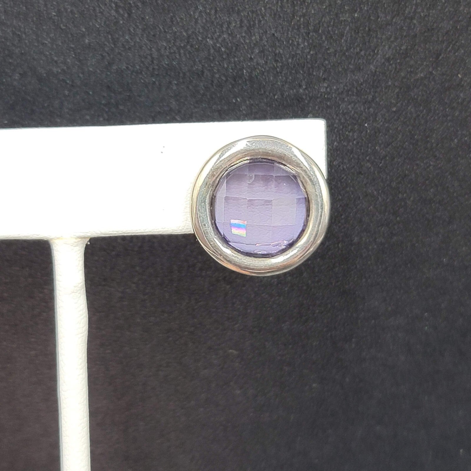 Clip on Earrings Silver tone Purple Faceted Round Stud 5/8"
