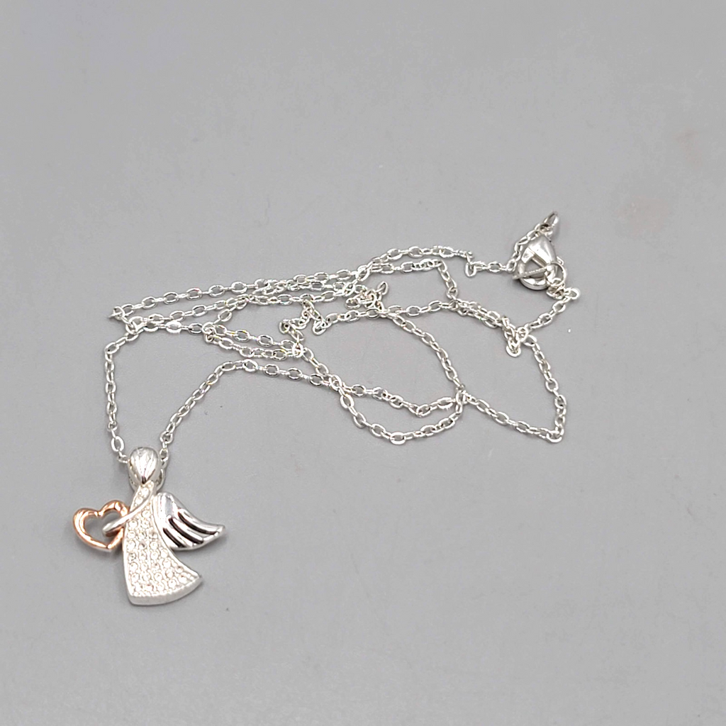 Angel Pendant Crystal Gold Plated Heart Necklace Silver Plated 18"