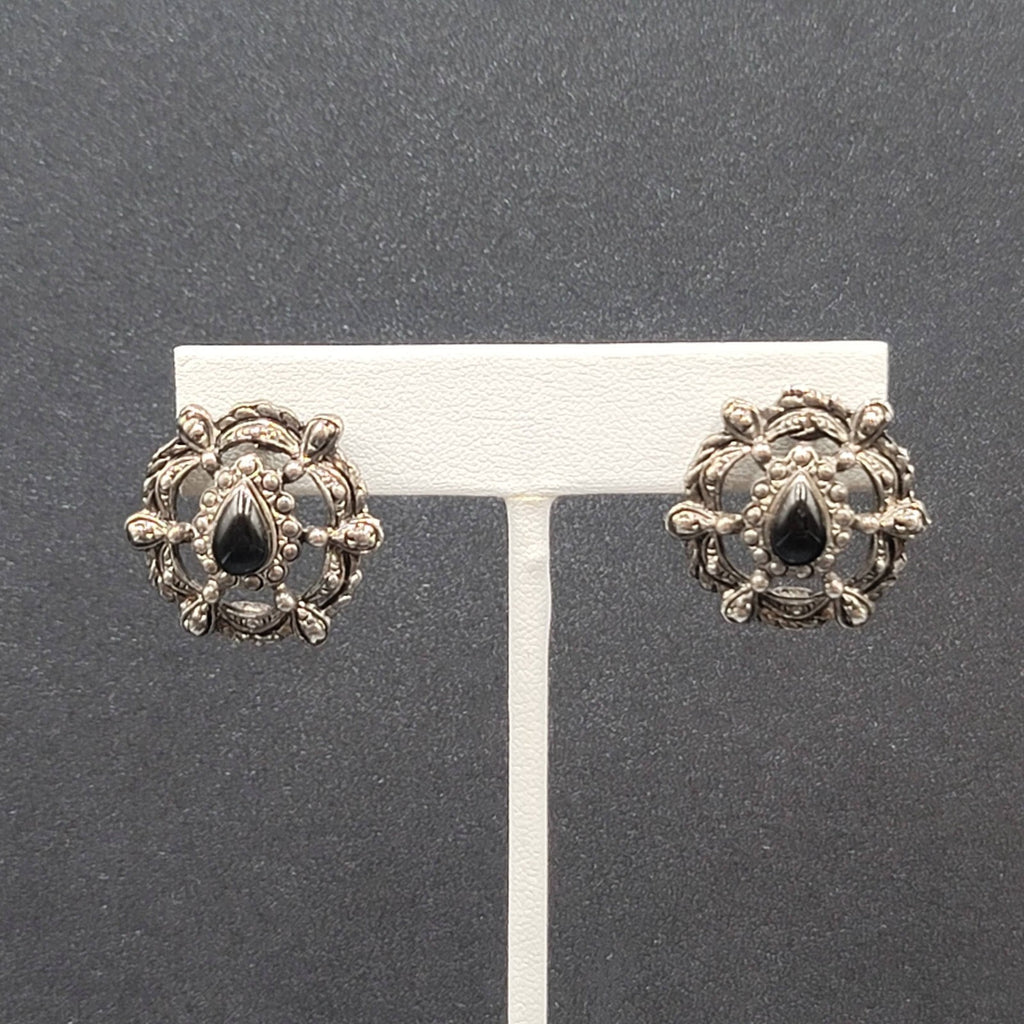 Vintage Pierced Earrings Silver tone Black Teardrop Stone Embossed Drop 1.75"