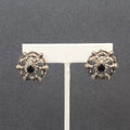 Vintage Pierced Earrings Silver tone Black Teardrop Stone Embossed Drop 1.75"
