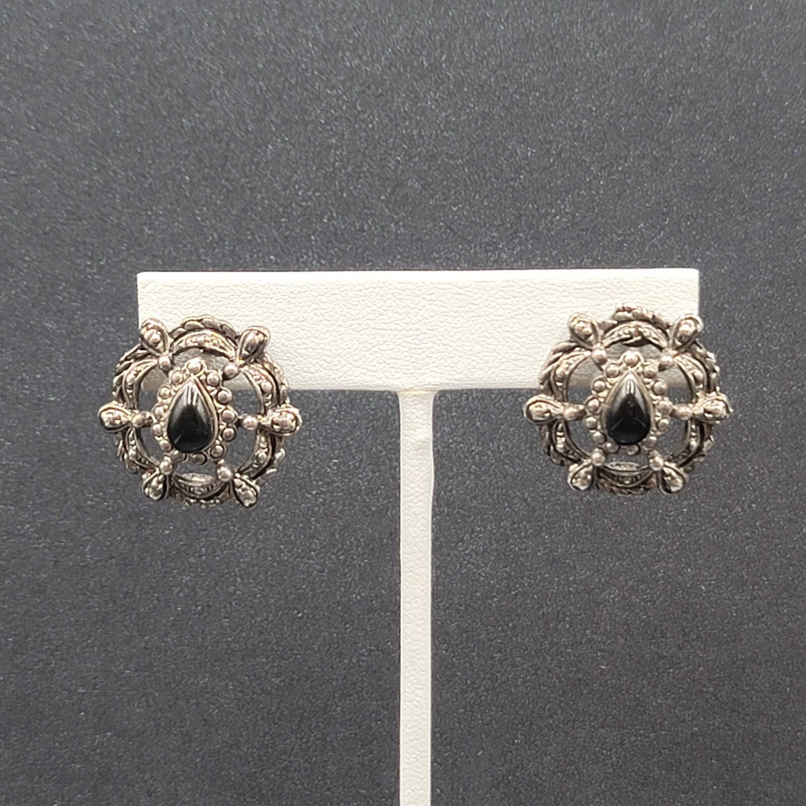 Vintage Pierced Earrings Silver tone Black Teardrop Stone Embossed Drop 1.75"