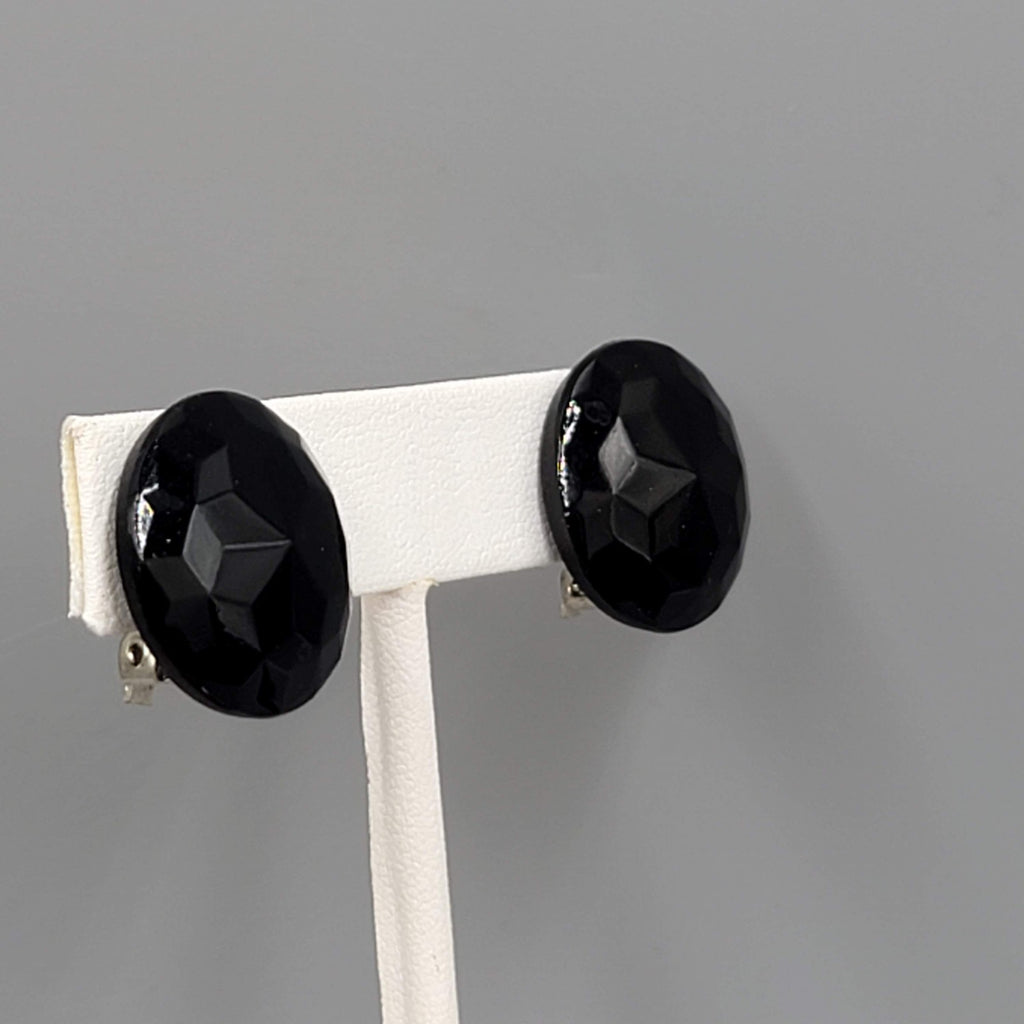 Vintage Faceted Black Glass Round Clip on Earrings 3/4"