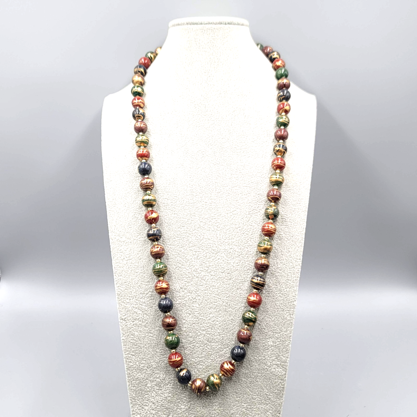 Vintage Multicolor Fall Colors Beads Necklace Gold tone  32"