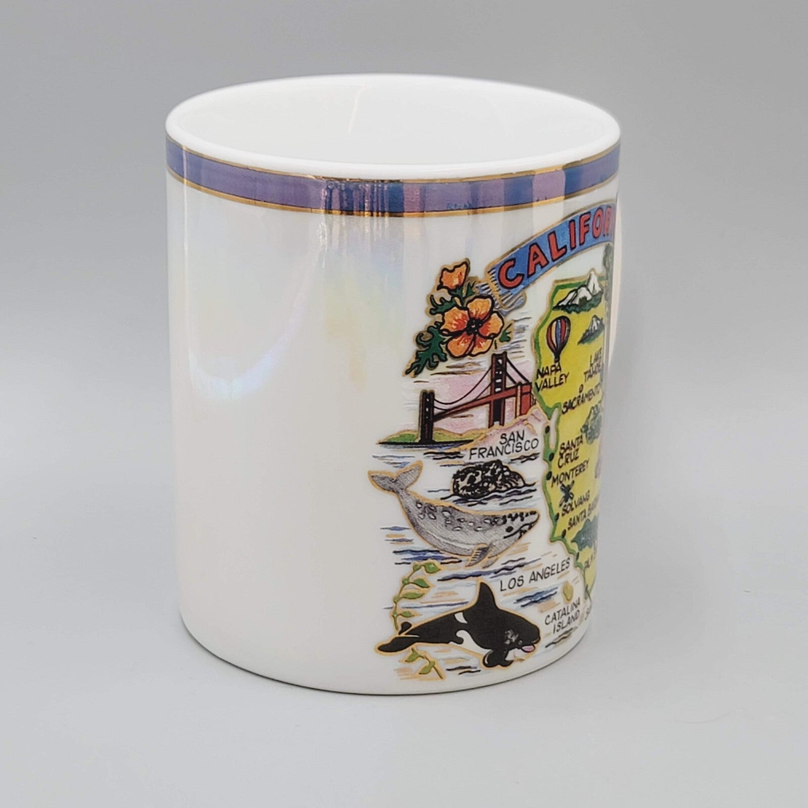 Vintage California Coffee Mug Map Souvenir Iridescent Glaze