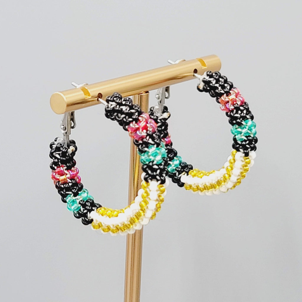 Multicolor Seed Bead Wrapped Hoops Pierced Earrings Silver tone 1.25"