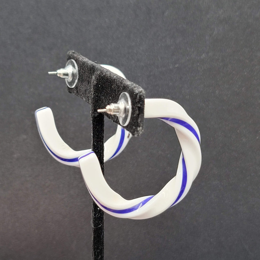 Pierced Earrings White Blue Acrylic Twist Hoops  1.5"