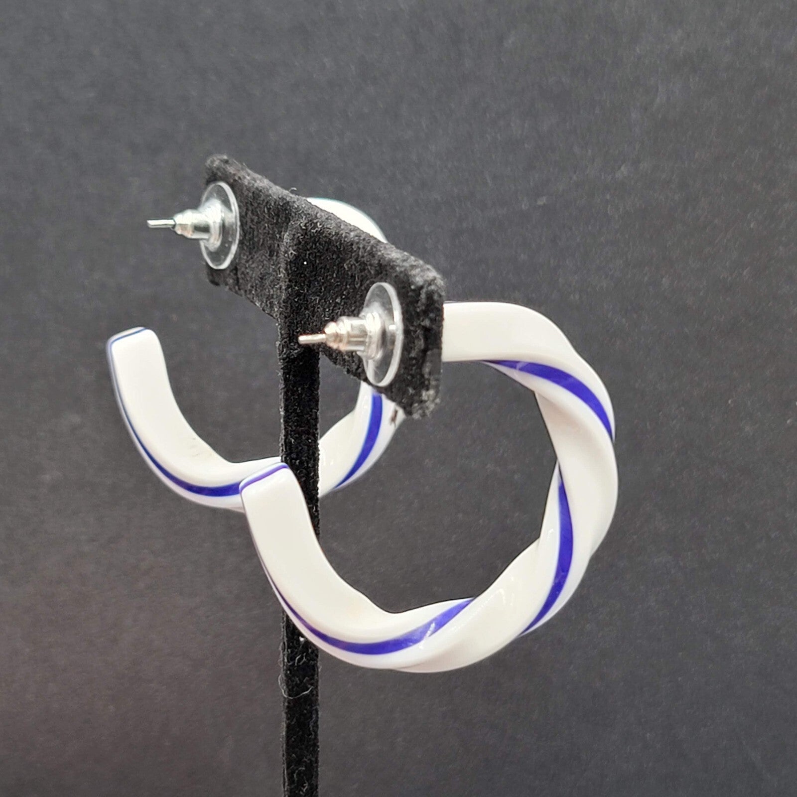 Pierced Earrings White Blue Acrylic Twist Hoops  1.5"