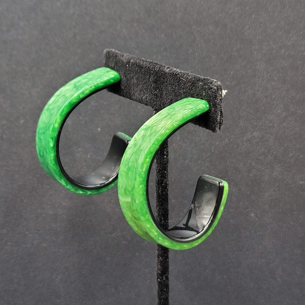 Pierced Earrings Green Black Resin Hoops Artsy 1 5/8"