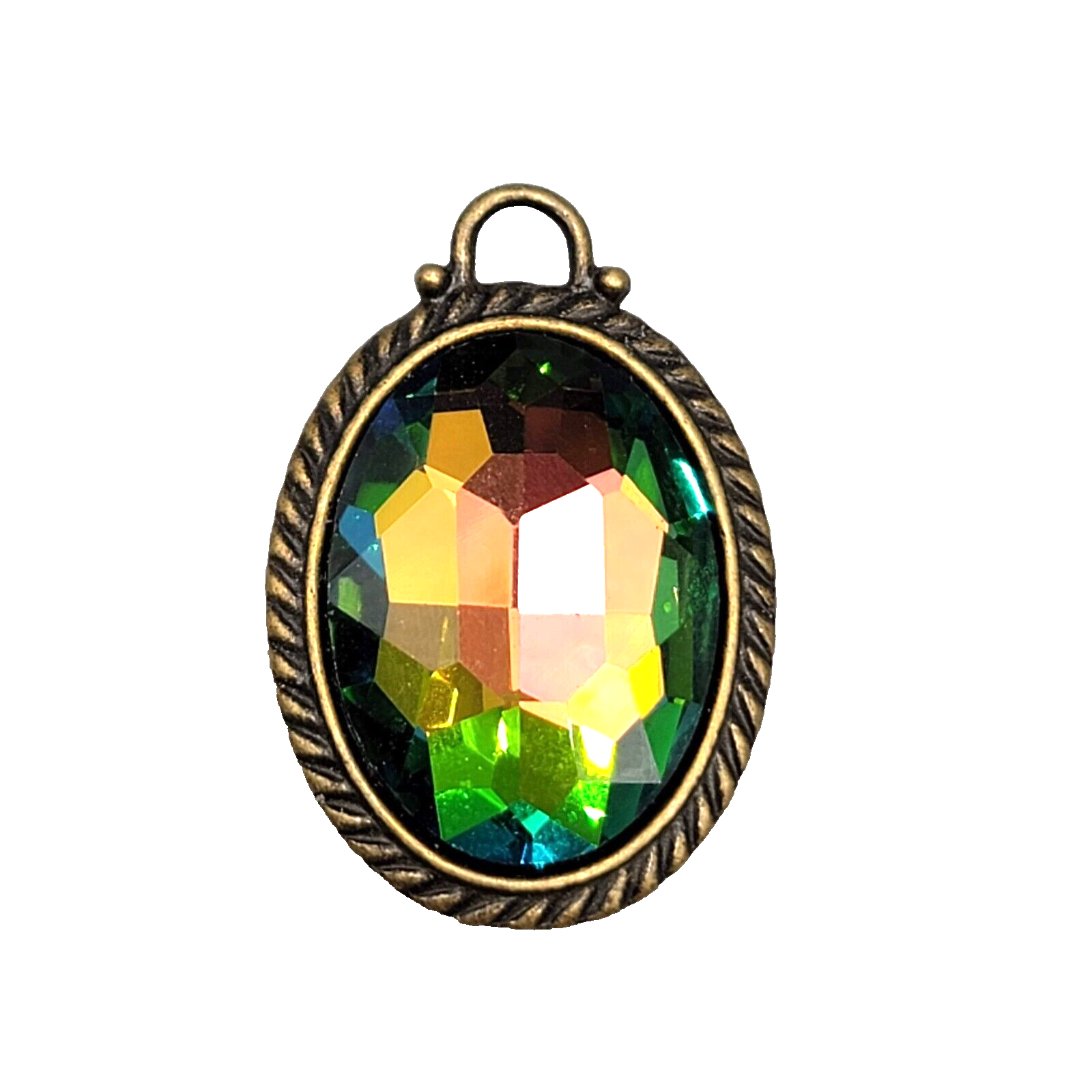Rainbow Faceted Glass Pendant Bronze tone  1.5"