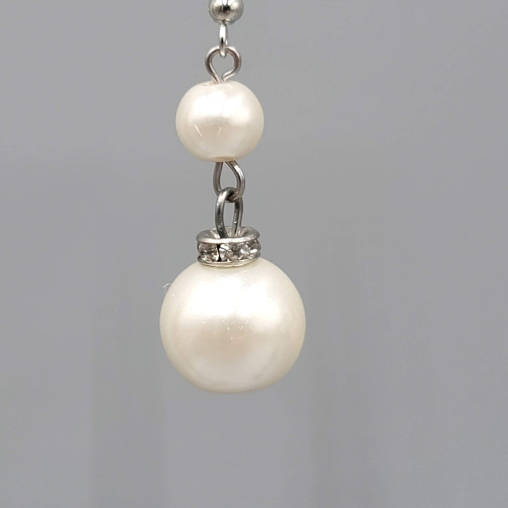 Satin Look White Bead Pierced Earrings Silver tone Dangle 1.25 in