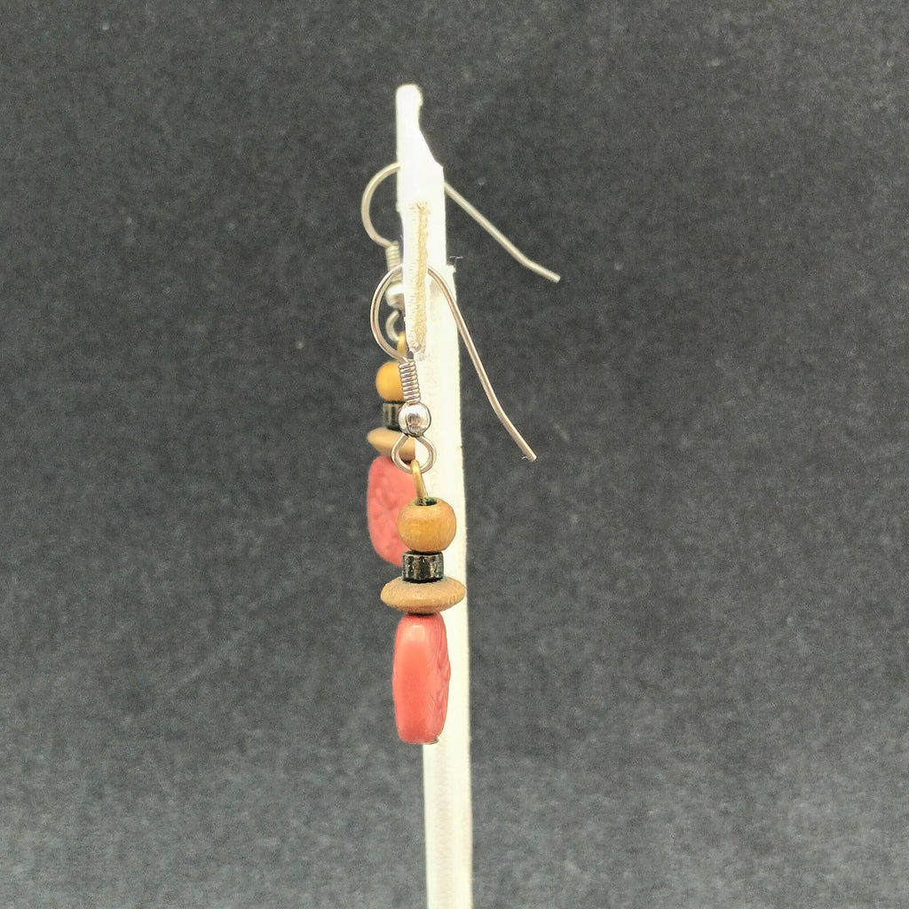 Pierced Earrings Silver tone Hook Red Plastic Flower Wood Bead Dangle 1"