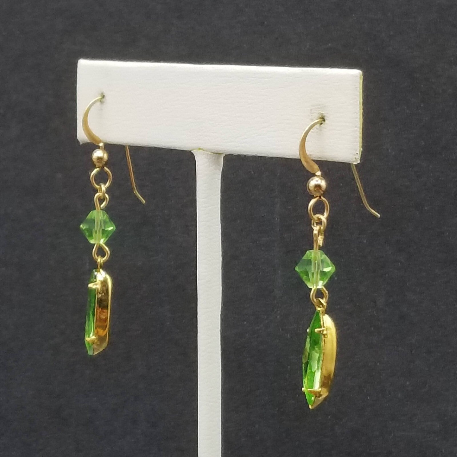 Pierced Earring Gold tone Green Crystal Faceted Bead Statement Dangle 1 1/8"