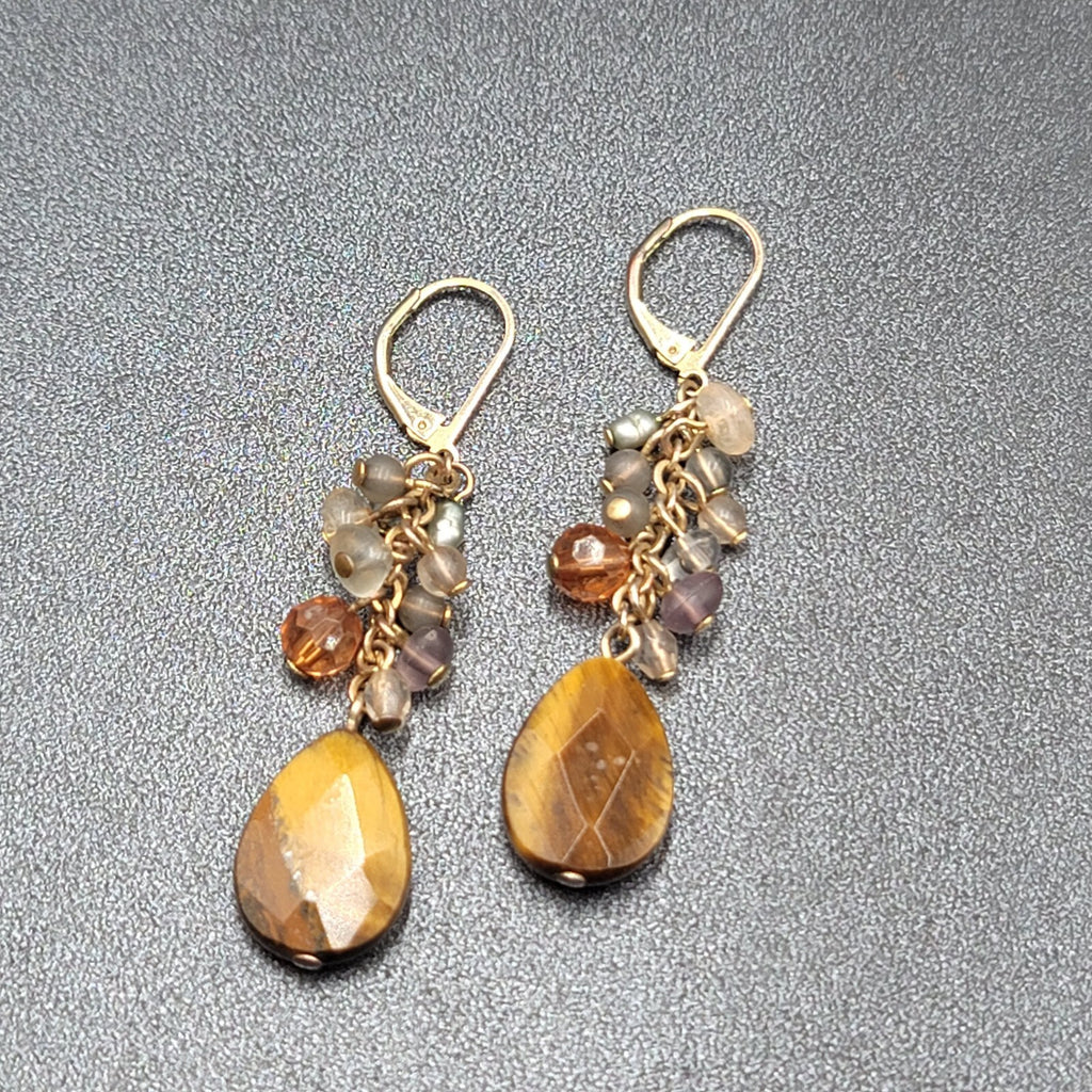 Pierced Earrings Silver tone Glass Bead Tigers Eye Teardrop 1.75"