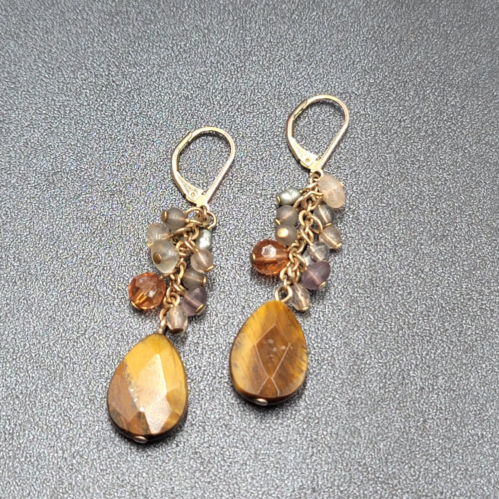 Pierced Earrings Silver tone Glass Bead Tigers Eye Teardrop 1.75"