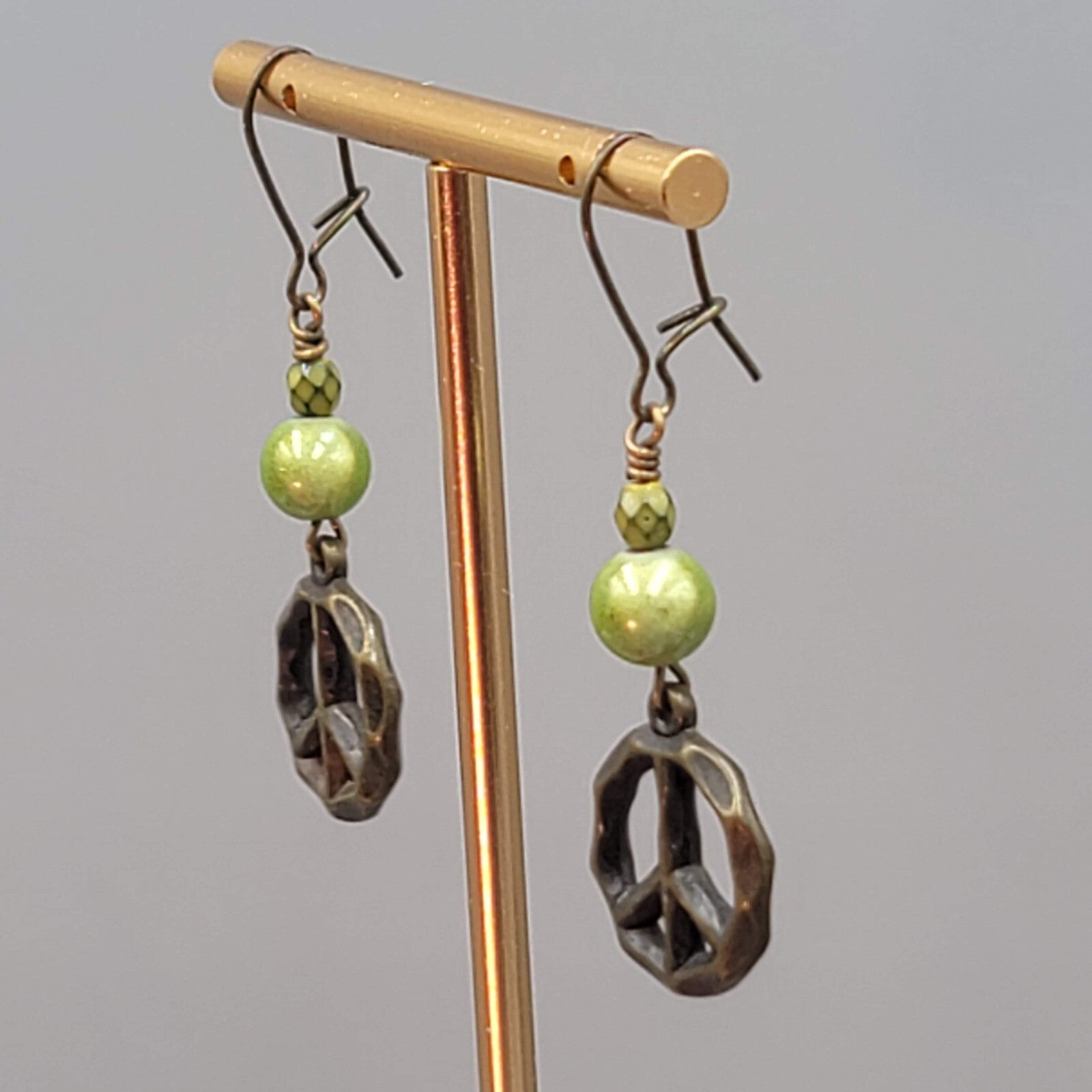 Peace Sign Pierced Earrings Bronze tone Green Bead Dangle 1.5"