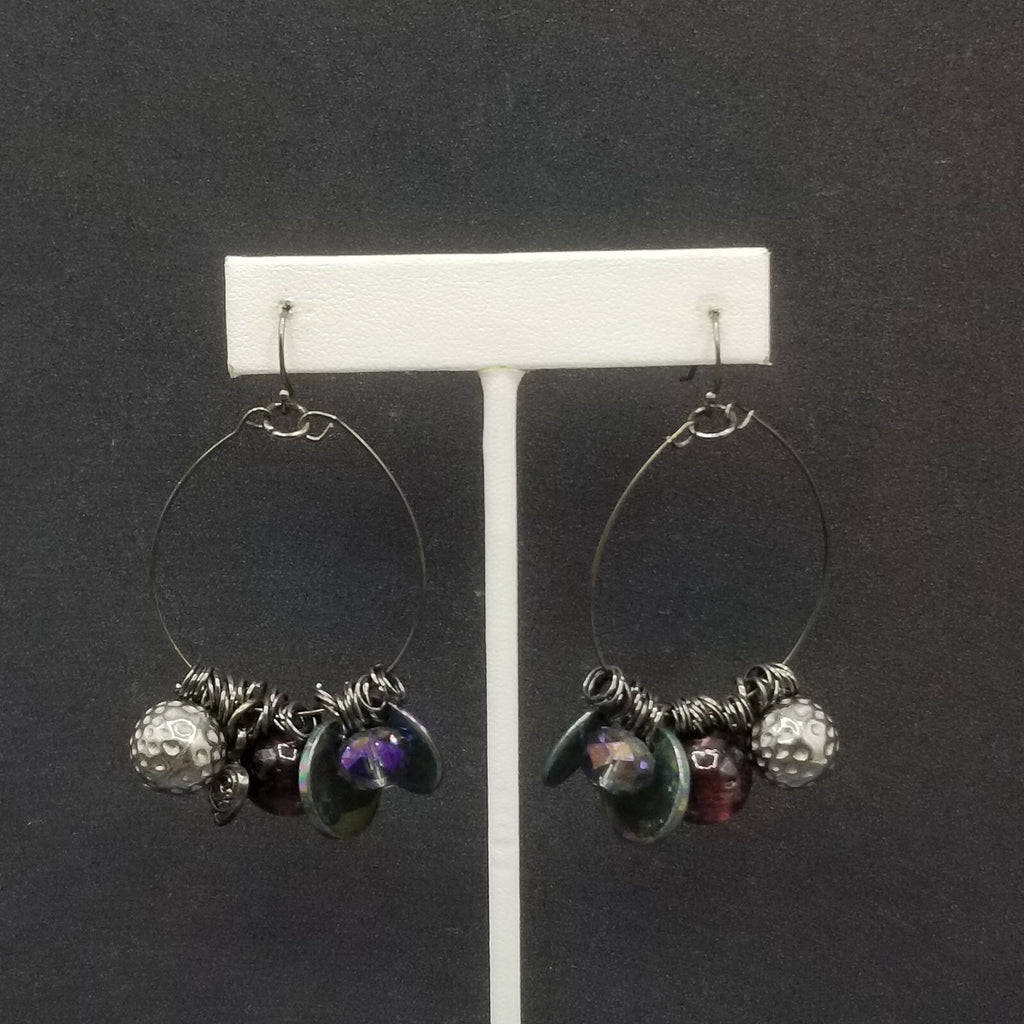 Pierced Earrings Black Wire Loop Acrylic Metal Charm Dangle 2 1/4"